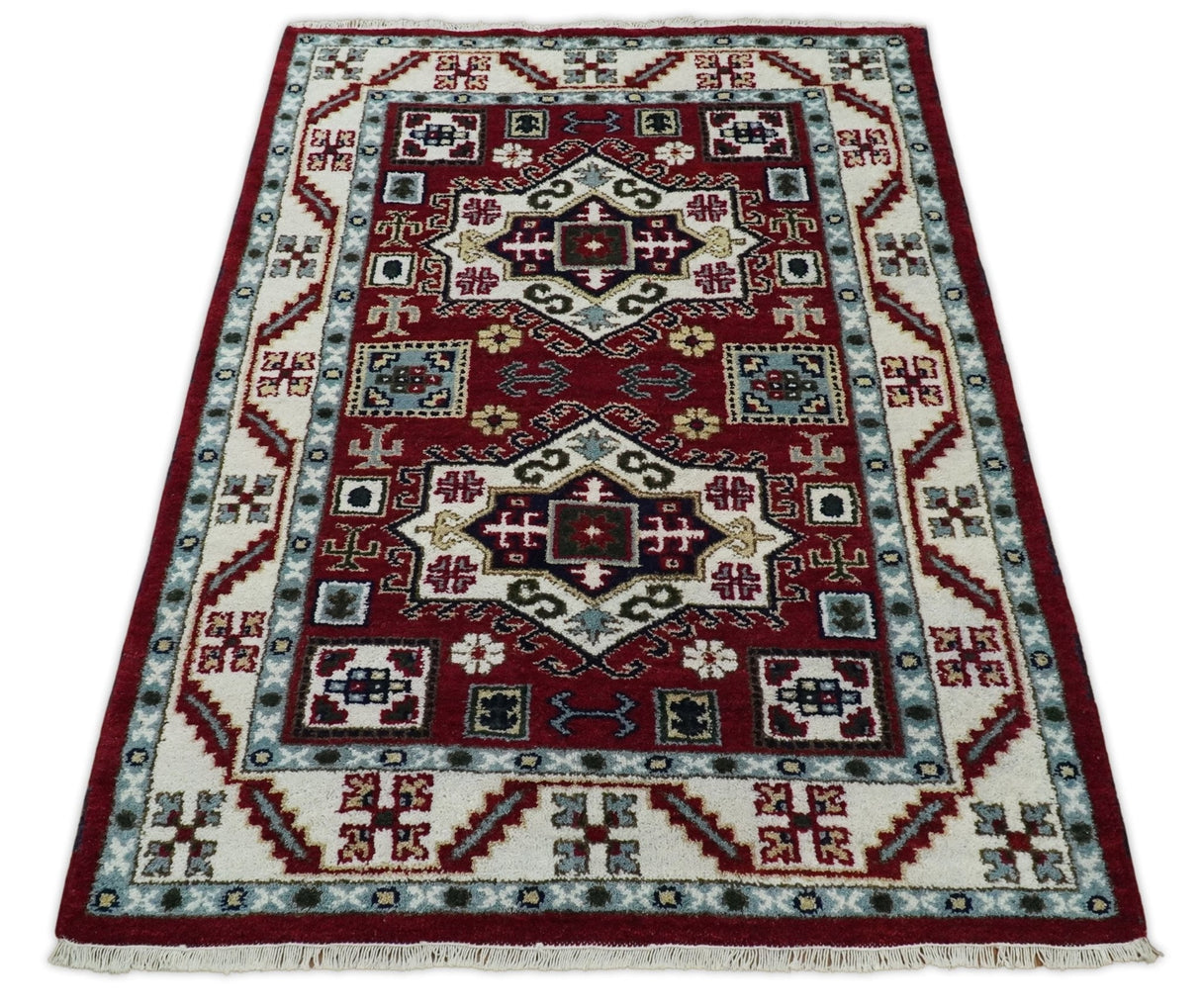 4x6 Hand Knotted Traditional Kazak Maroon And Blue Wool Area Rug