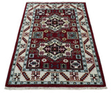 4x6 Hand Knotted Traditional Kazak Maroon And Blue Wool Area Rug