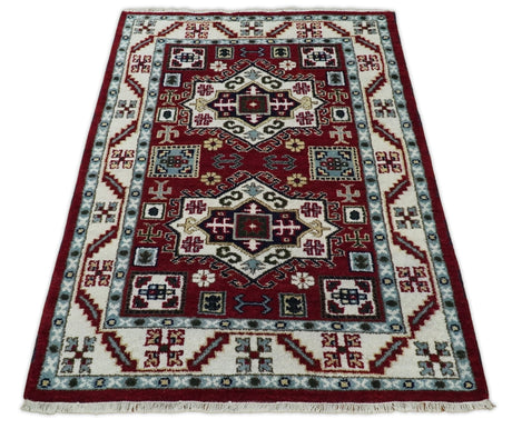 4x6 Hand Knotted Traditional Kazak Maroon And Blue Wool Area Rug