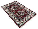 4x6 Hand Knotted Traditional Kazak Maroon And Blue Wool Area Rug