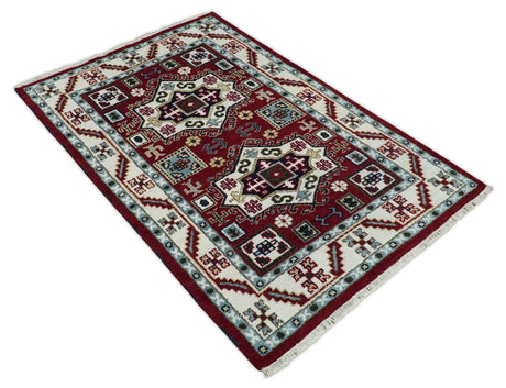 4x6 Hand Knotted Traditional Kazak Maroon And Blue Wool Area Rug