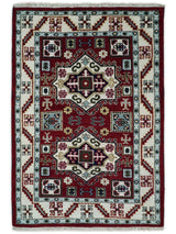 4x6 Hand Knotted Traditional Kazak Maroon And Blue Wool Area Rug