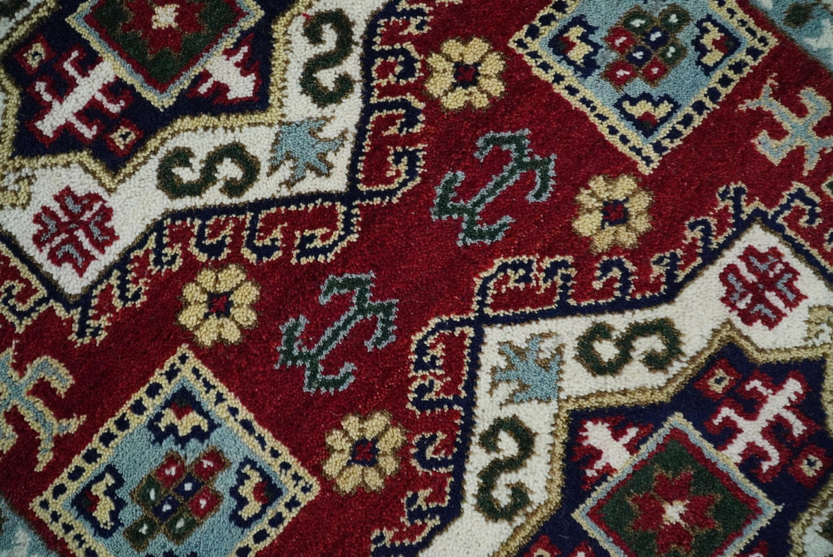 4x6 Hand Knotted Traditional Kazak Maroon And Blue Wool Area Rug