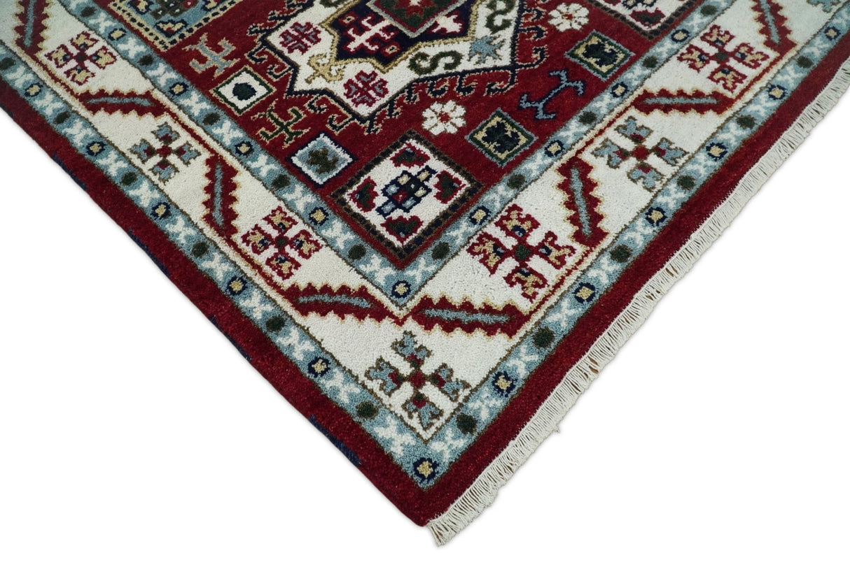 4x6 Hand Knotted Traditional Kazak Maroon And Blue Wool Area Rug