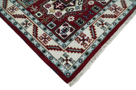 4x6 Hand Knotted Traditional Kazak Maroon And Blue Wool Area Rug