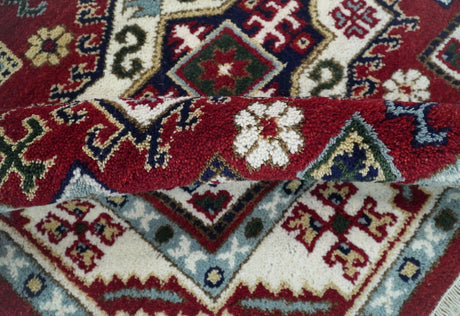 4x6 Hand Knotted Traditional Kazak Maroon And Blue Wool Area Rug