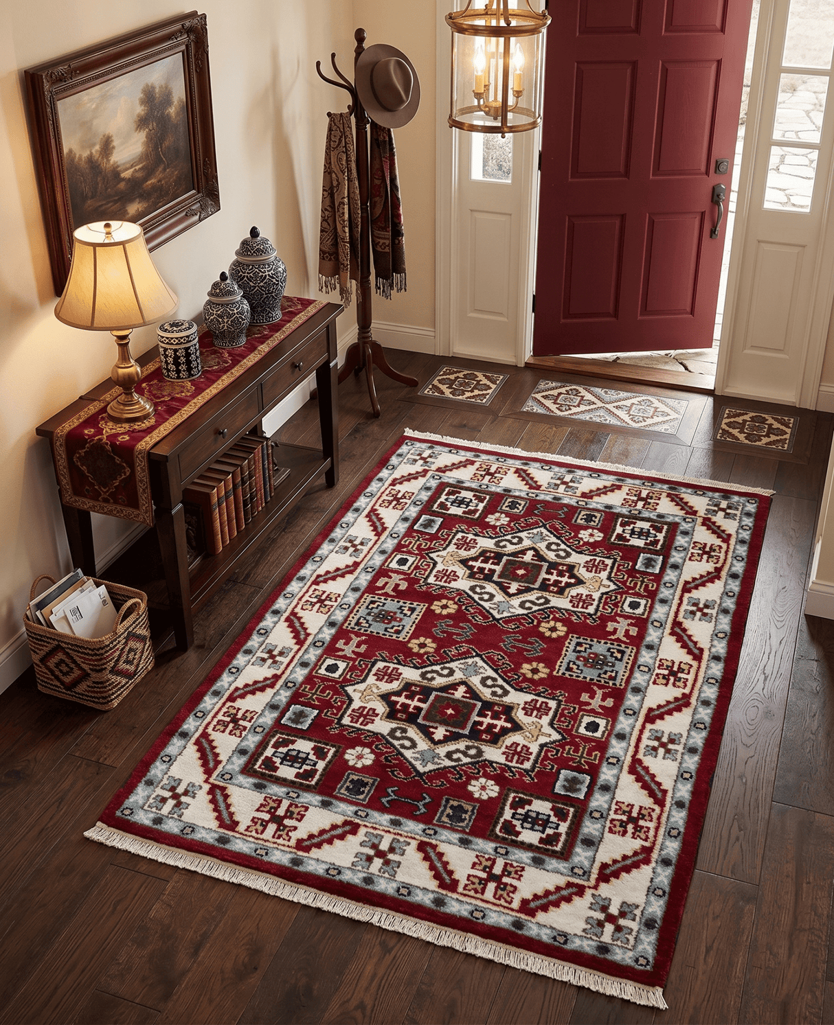 4x6 Hand Knotted Traditional Kazak Maroon And Blue Wool Area Rug