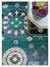 4x6 Hand knotted Traditional Khotan Design Teal And Ivory Wool Rug