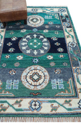 4x6 Hand knotted Traditional Khotan Design Teal And Ivory Wool Rug