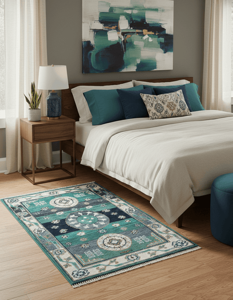 4x6 Hand knotted Traditional Khotan Design Teal And Ivory Wool Rug