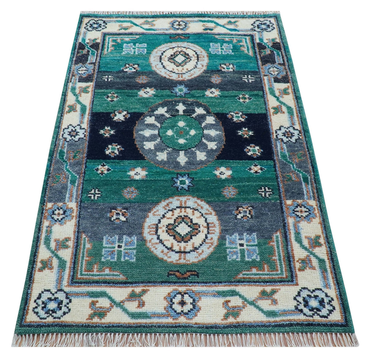 4x6 Hand knotted Traditional Khotan Design Teal And Ivory Wool Rug