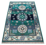 4x6 Hand knotted Traditional Khotan Design Teal And Ivory Wool Rug