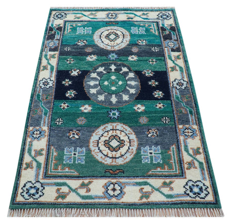 4x6 Hand knotted Traditional Khotan Design Teal And Ivory Wool Rug