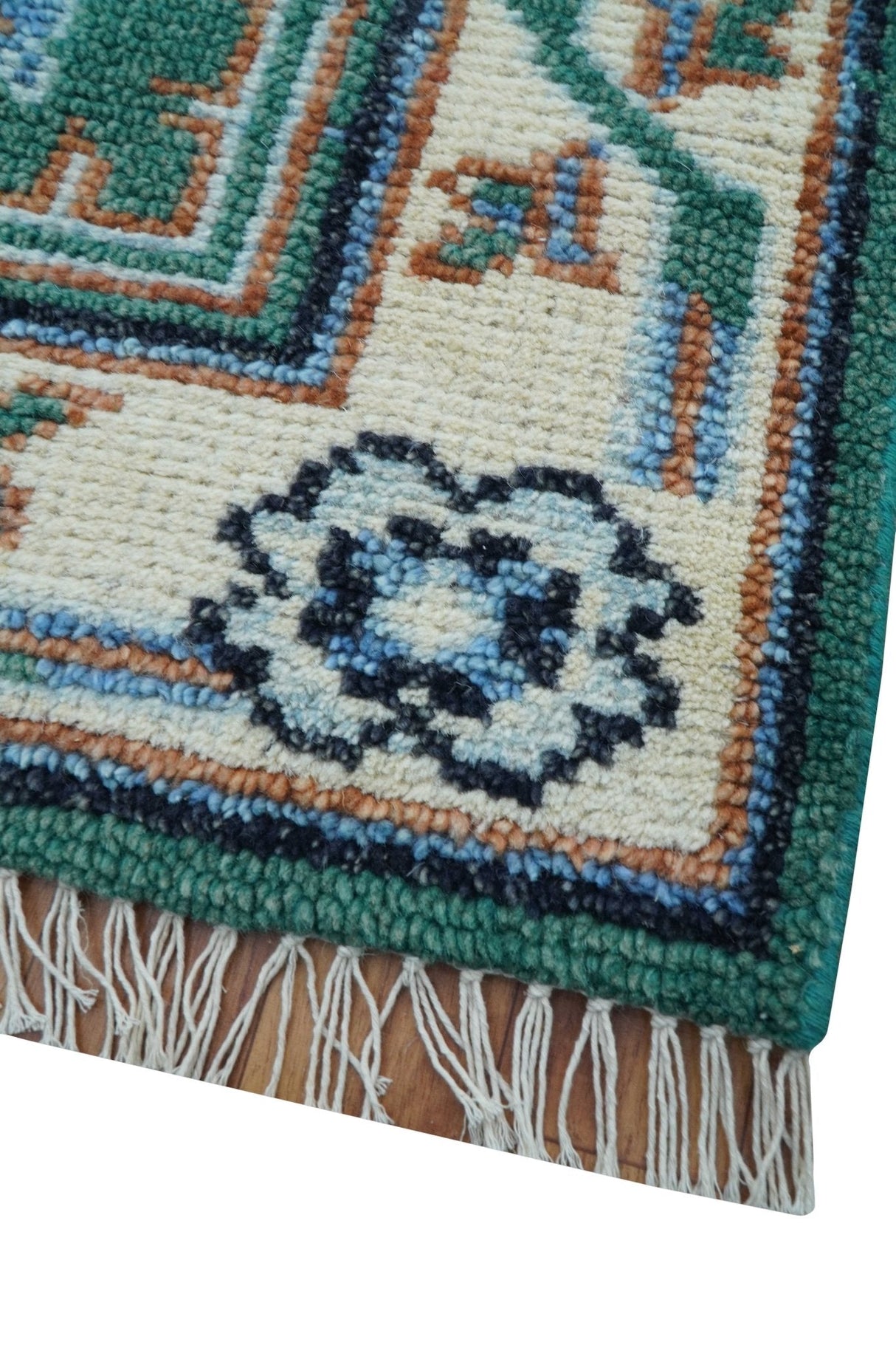 4x6 Hand knotted Traditional Khotan Design Teal And Ivory Wool Rug