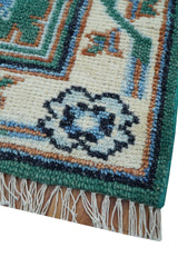 4x6 Hand knotted Traditional Khotan Design Teal And Ivory Wool Rug