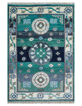 4x6 Hand knotted Traditional Khotan Design Teal And Ivory Wool Rug
