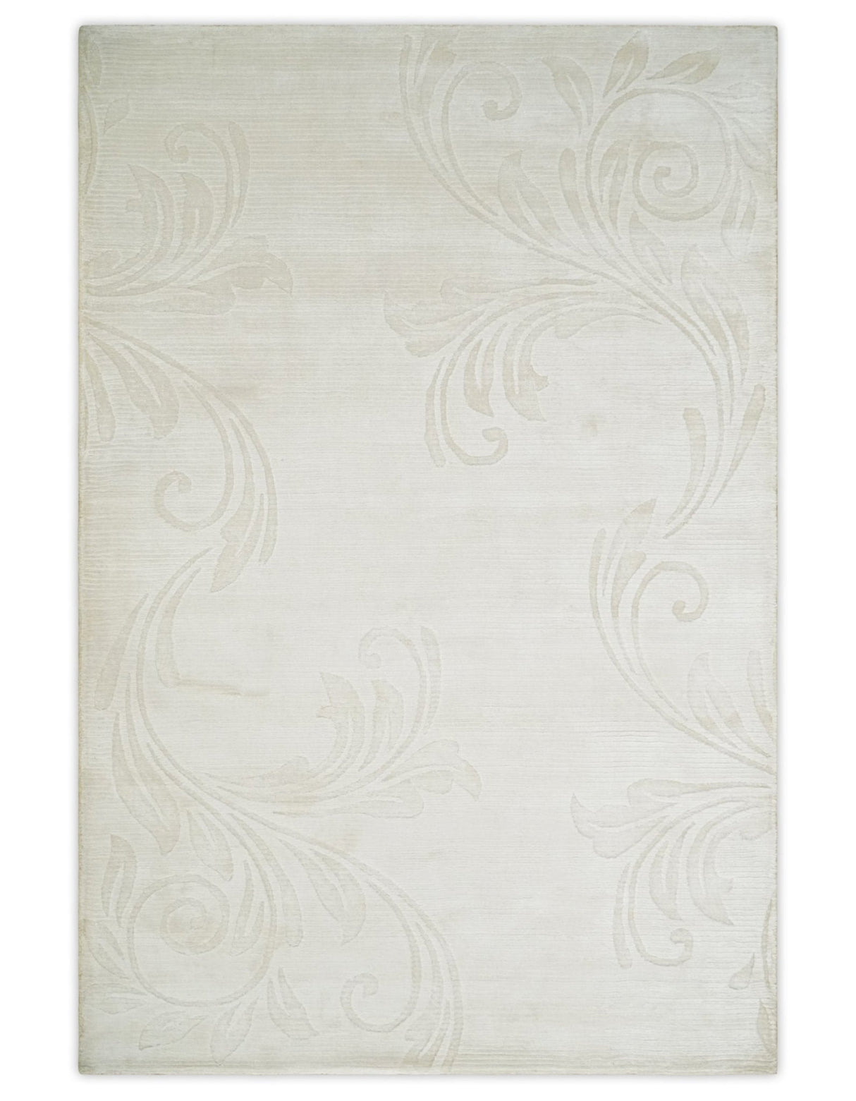 4x6 Hand Woven and Carved Silver and Ivory Floral Art Silk Rug | KNT5-Area Rug-Parc Decor