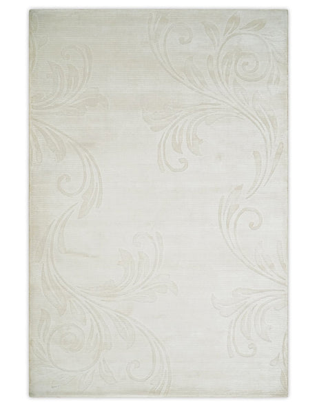4x6 Hand Woven and Carved Silver and Ivory Floral Art Silk Rug | KNT5-Area Rug-Parc Decor