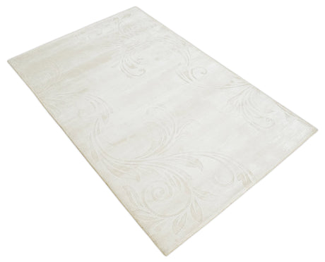 4x6 Hand Woven Silver and Ivory Modern Floral Art Silk Rug