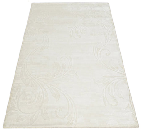 4x6 Hand Woven Silver and Ivory Modern Floral Art Silk Rug