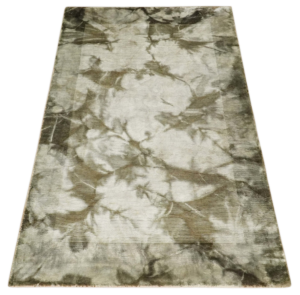 4x6 Modern Abstract Hand Woven Silver and Olive Art Silk Rug