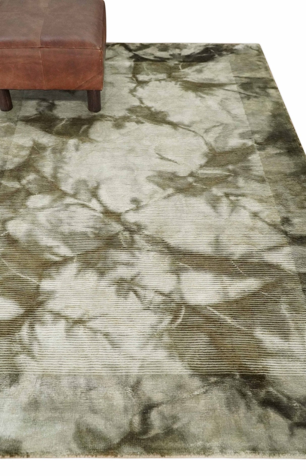 4x6 Modern Abstract Hand Woven Silver and Olive Art Silk Rug