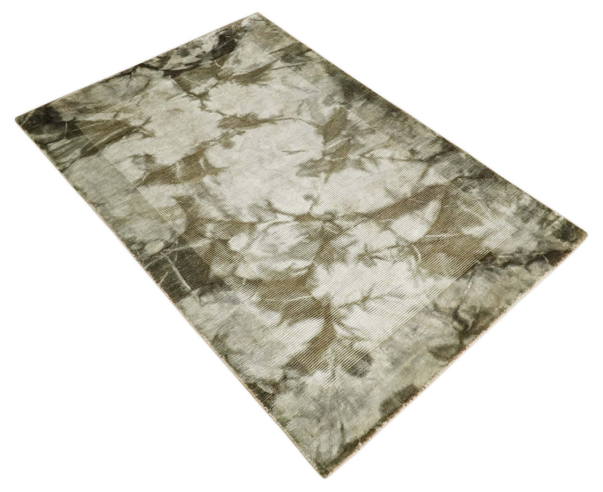 4x6 Modern Abstract Hand Woven Silver and Olive Art Silk Rug | KNT15-Area Rug-Parc Decor