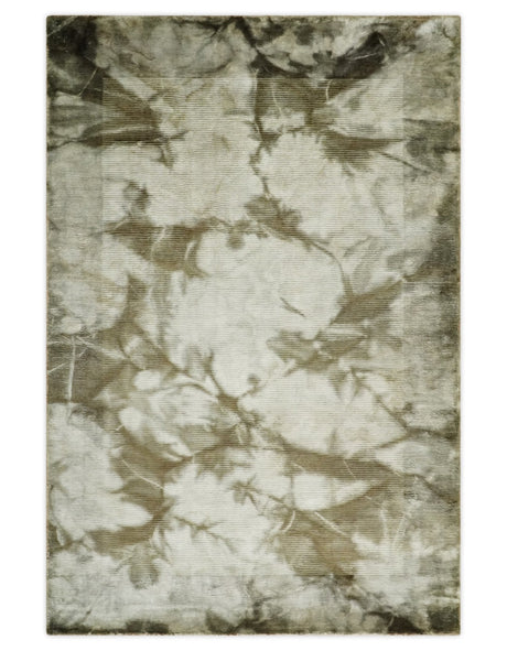 4x6 Modern Abstract Hand Woven Silver and Olive Art Silk Rug | KNT15-Area Rug-Parc Decor
