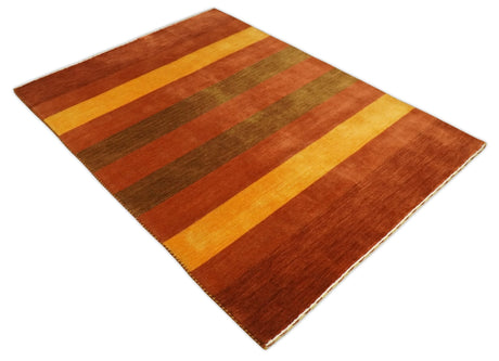 4x6 Small Rust and Gold Striped Wool Hand Woven Southwestern Gabbeh Rug