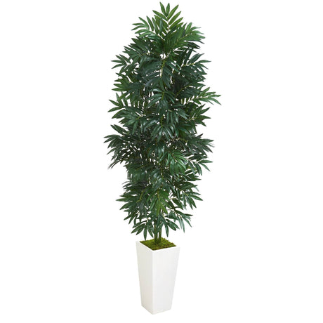 5’ Bamboo Palm Artificial Plant in White Planter-Parc Decor