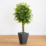 5’ Braided Ficus Artificial Tree in Slate Planter(Indoor/Outdoor)-Parc Decor