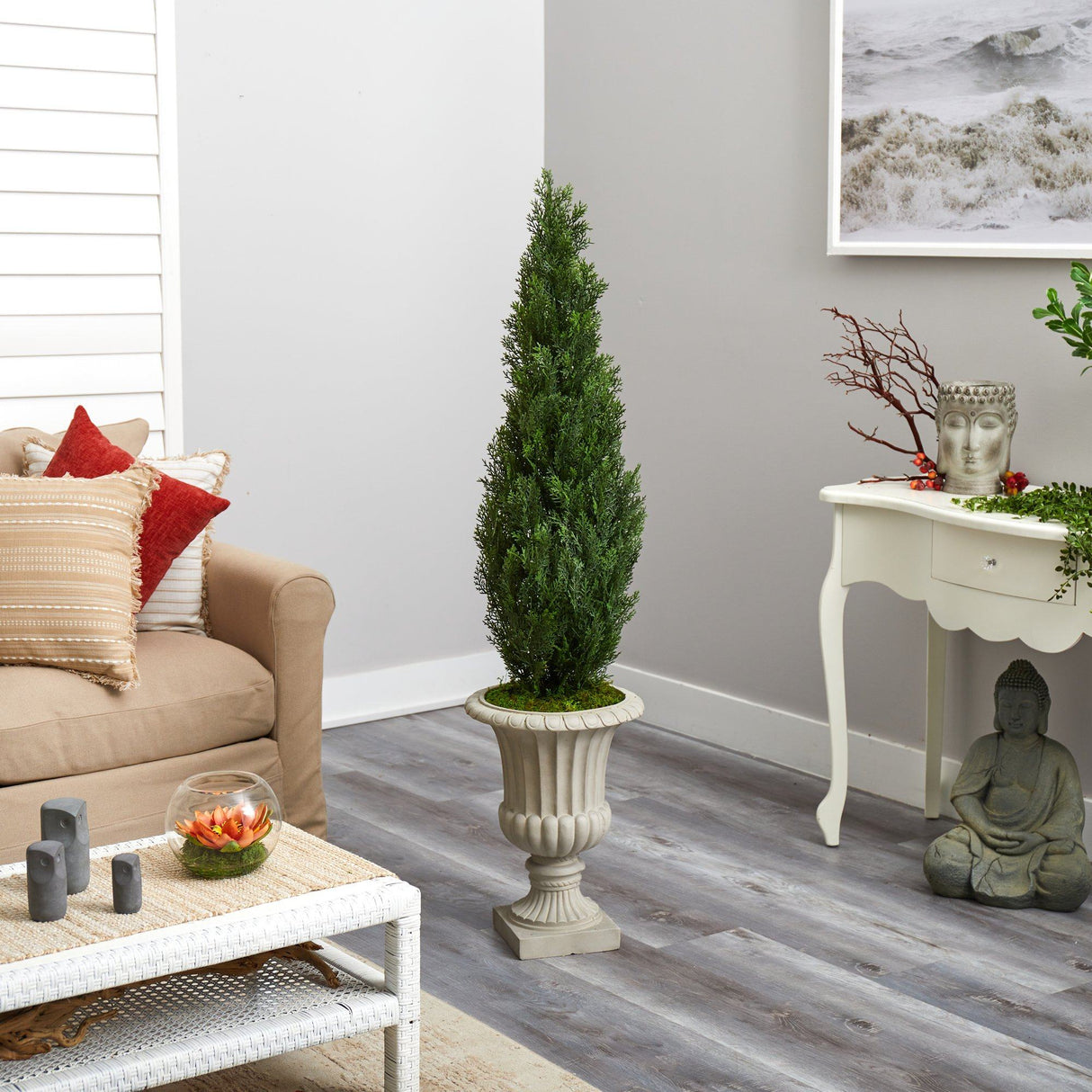 5' Cedar Artificial Tree in Sand Finished Urn (Indoor/Outdoor)-Parc Decor