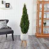 5' Cedar Artificial Tree in White Planter with Stand (Indoor/Outdoor)-Parc Decor