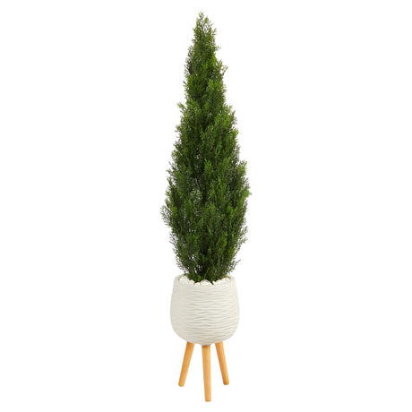 5' Cedar Artificial Tree in White Planter with Stand (Indoor/Outdoor)-Parc Decor