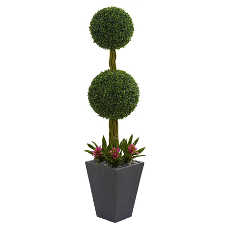 5’ Double Boxwood Ball Topiary Artificial Tree in Slate Planter (Indoor/Outdoor)-Parc Decor