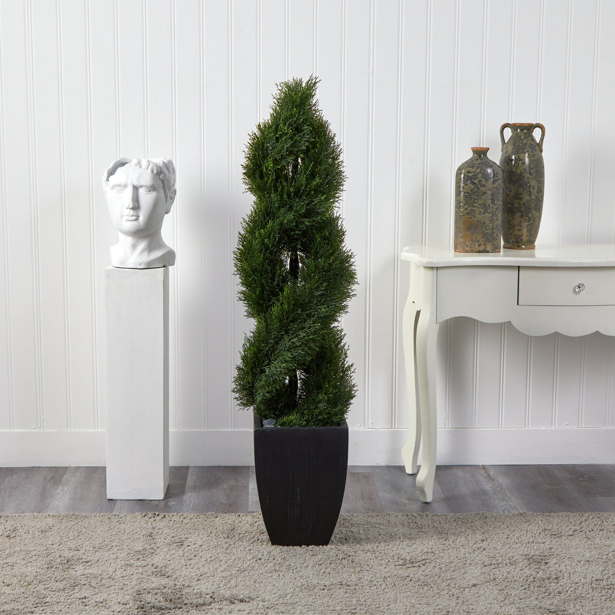 5’ Double Cypress Spiral Topiary Artificial Tree in Black Planter (Indoor/Outdoor)-Parc Decor