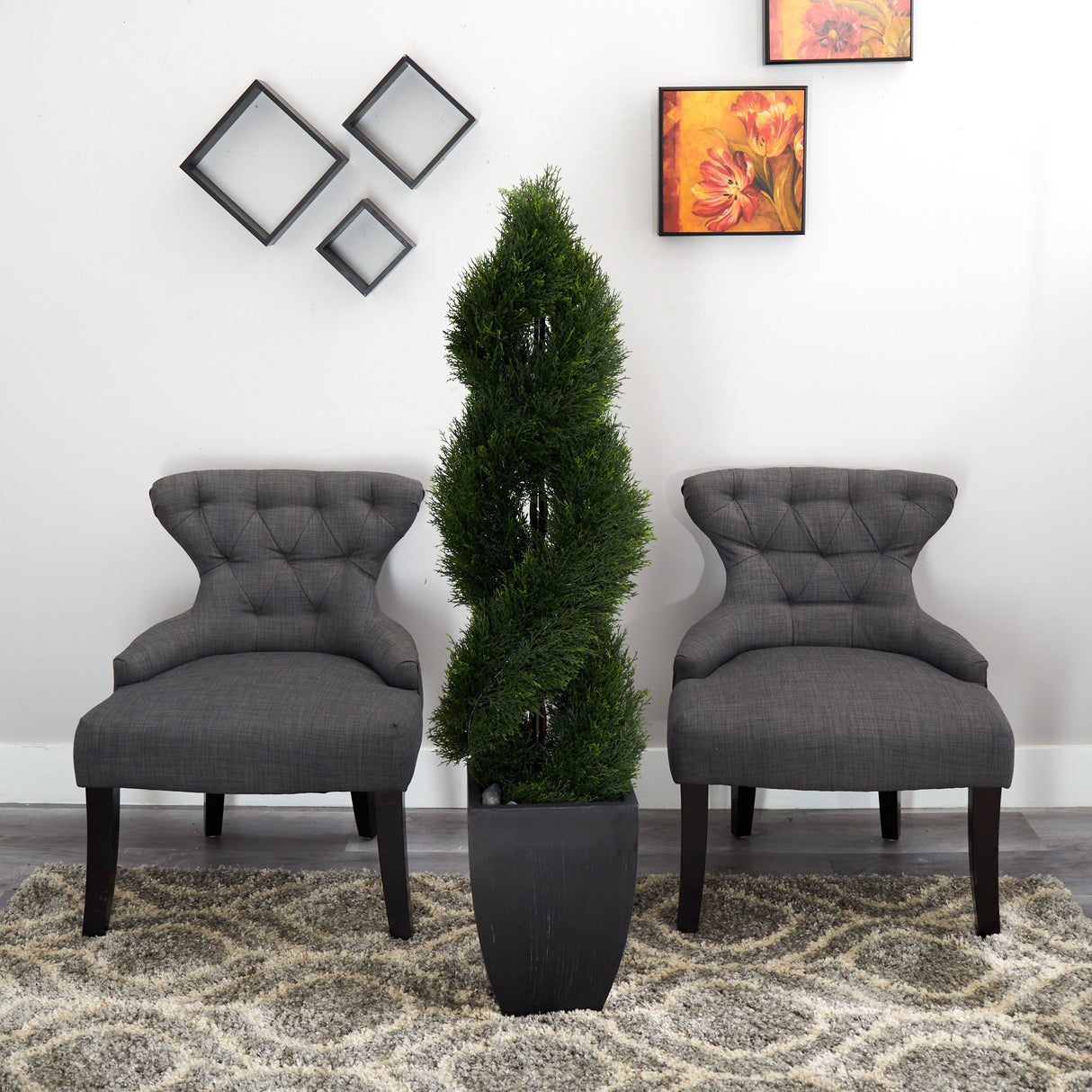 5’ Double Cypress Spiral Topiary Artificial Tree in Black Planter (Indoor/Outdoor)-Parc Decor