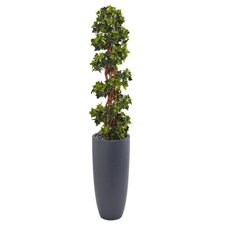 5’ English Ivy Spiral Topiary Tree in Gray Cylinder Planter UV Resistant (Indoor/Outdoor)-Parc Decor