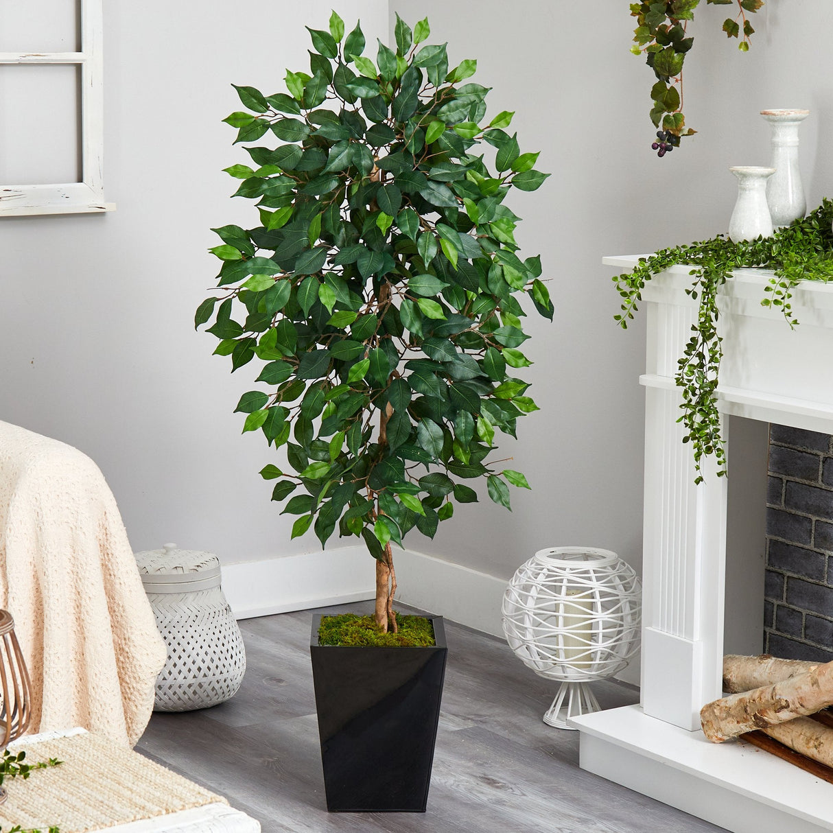 5’ Ficus Artificial Tree in Black Metal Planter-Parc Decor