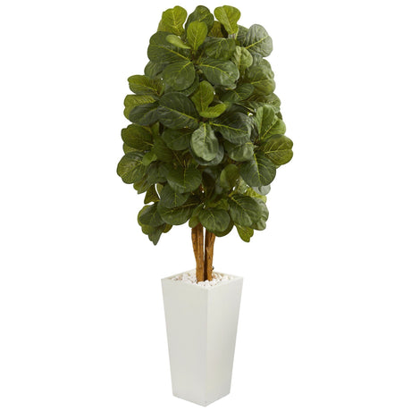 5’ Fiddle Leaf Artificial Tree in White Tower Planter-Parc Decor