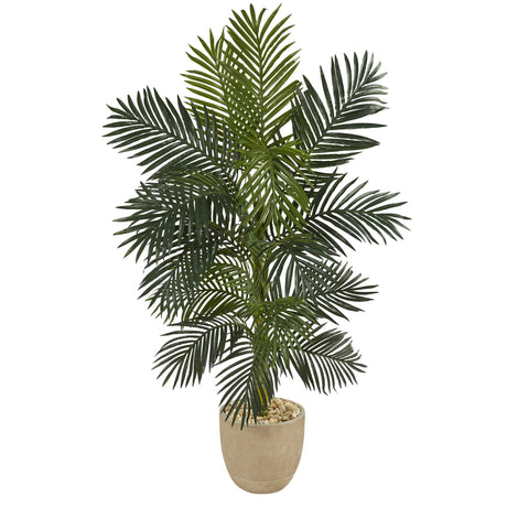 5’ Golden Cane Artificial Palm Tree in Sandstone Planter-Parc Decor