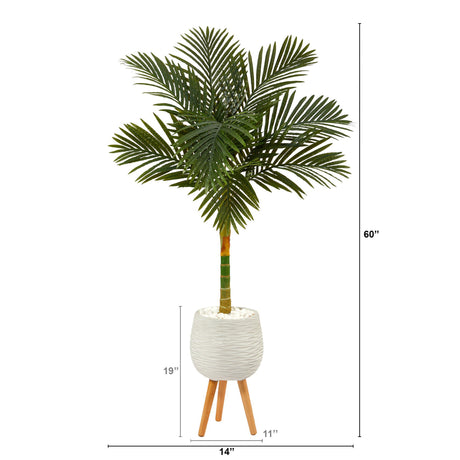 5’ Golden Cane Artificial Palm Tree in White Planter with Stand-Parc Decor