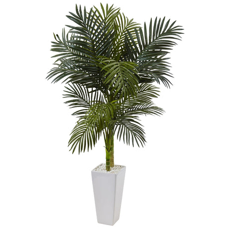 5’ Golden Cane Palm Tree in White Tower Planter-Parc Decor