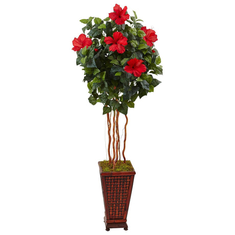 5’ Hibiscus Tree in Decorated Wooden Planter-Parc Decor