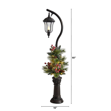 5' Holiday Decorated Lamp Post with Greenery, Berries and 30 LED Lights-Parc Decor