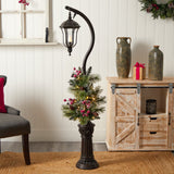 5' Holiday Decorated Lamp Post with Greenery, Berries and 30 LED Lights-Parc Decor