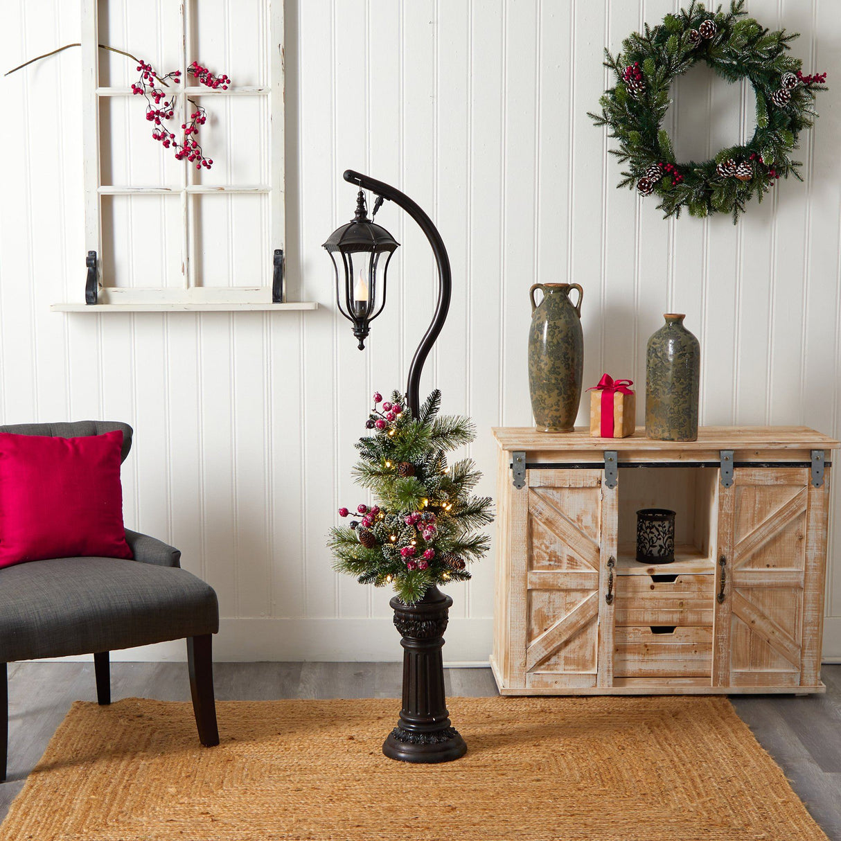 5' Holiday Decorated Lamp Post with Greenery, Berries and 30 LED Lights-Parc Decor