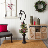 5' Holiday Decorated Lamp Post with Greenery, Berries and 30 LED Lights-Parc Decor