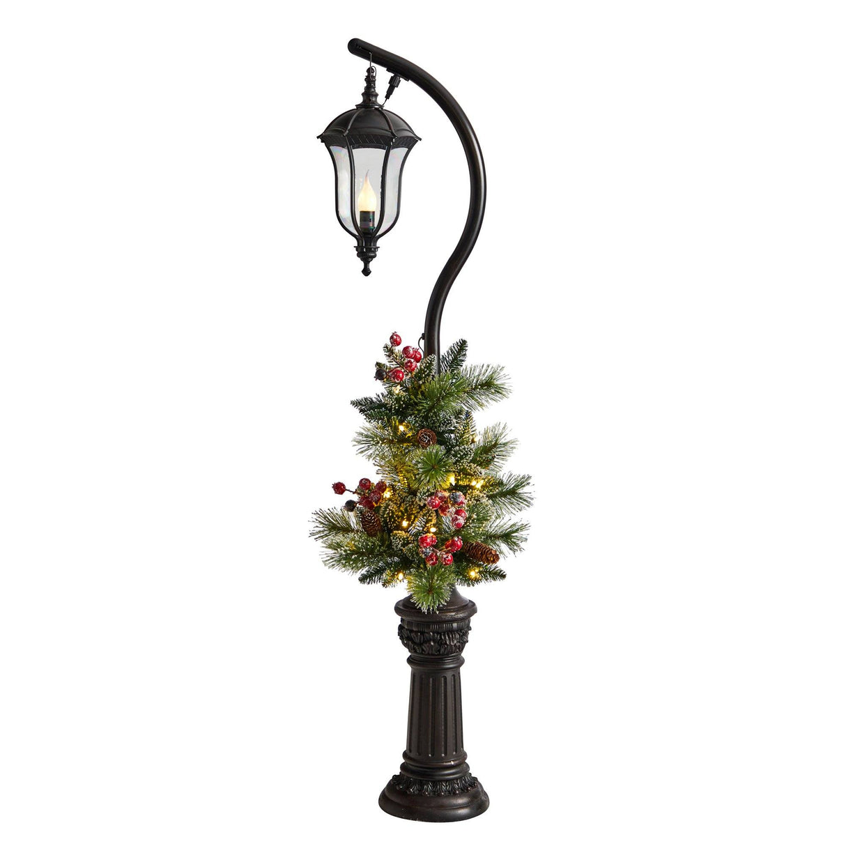 5' Holiday Decorated Lamp Post with Greenery, Berries and 30 LED Lights-Parc Decor