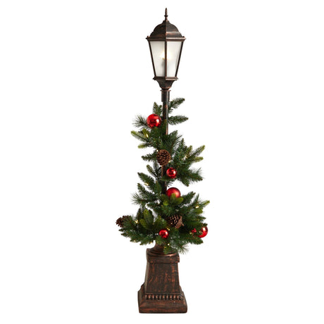 5' Holiday Decorated Lamp Post with Greenery, Ornaments and 50 LED Lights-Parc Decor